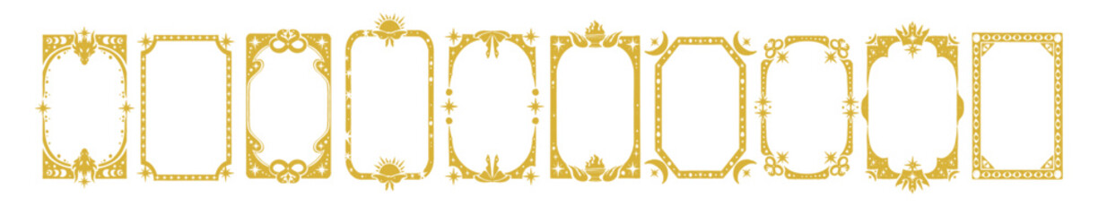 Tarot card frames, fantasy magic border, hand drawn esoteric decor shape, horoscope spiritual print. Ornamental vintage medieval design, star, moon, sun mystic divination symbol. Ornate tarot card