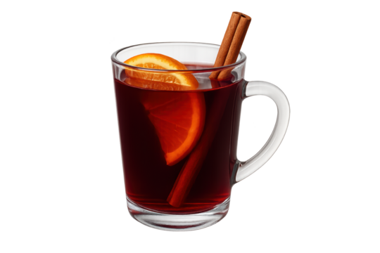 Clear glass mug with hot mulled wine, orange slice, and cinnamon sticks