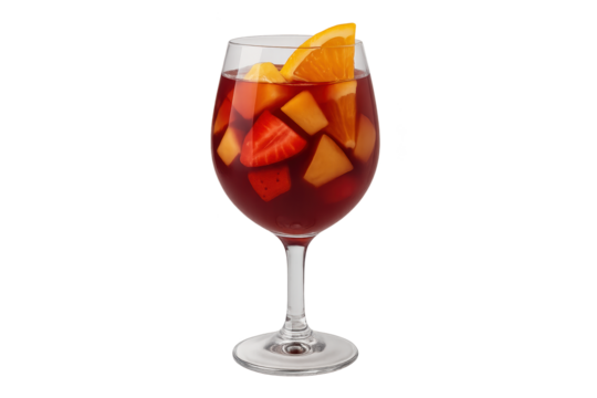 Red sangria-filled stemmed glass with orange slice and mixed fruit chunks
