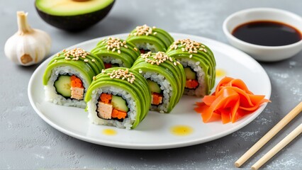 plate sushi rolls white plate pair chopsticks right side sushi rolls green seaweed arranged circular pattern plate roll topped sprinkle sesame seeds side plate small bowl soy sauce whole avocado