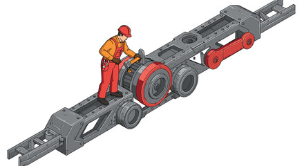 Construction worker inspecting machinery in isometric industrial setting