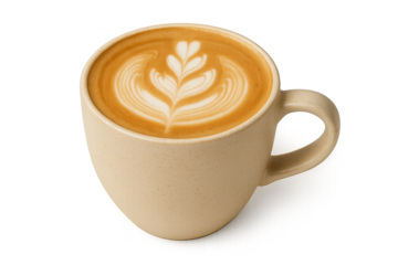 Beige ceramic cup holds latte with delicate leaf latte art on creamy foam