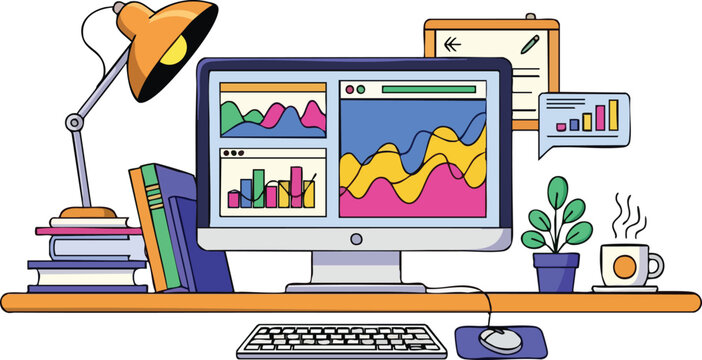 Desk setup with computer displaying charts and graphs and books and potted plant and hot drink