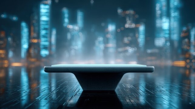 A futuristic display table stands in a glowing urban landscape, surrounded by vibrant skyscrapers, Ideal for technology, innovation, and sci-fi themes in marketing, advertising, or presentations,