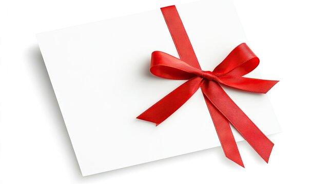 A blank gift card features a vibrant red ribbon tied in a bow, set against a white background. The design offers plenty of space for adding personalized messages or notes