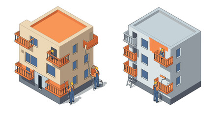 Obraz premium Isometric building renovation with painters transforming exterior
