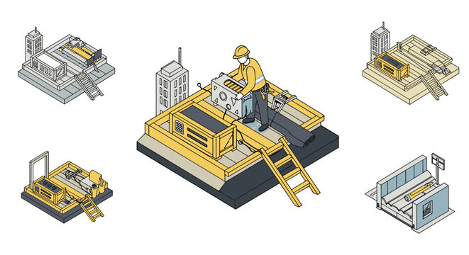 Isometric construction worker operating generator on building rooftop - Powered by Adobe