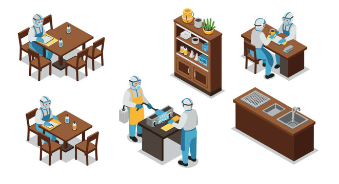 Isometric restaurant workers in ppe safe food preparation and dining processes