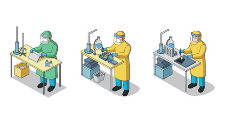 Scientists in laboratory performing experiments in isometric style