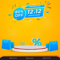 Fototapeta premium Double 12 Shopping Event Vibrant 80% Off Sale Banner with Product Display Podium and Shopping Bags for E commerce Promotion