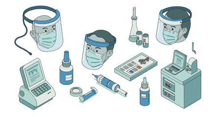 Isometric medical equipment and hygiene mask concept with vaccination supplies
