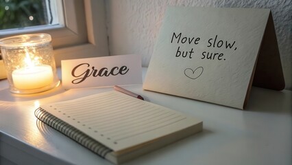 A thoughtful collection of a spiral notebook a pen and handwritten cards with inspiring messages in warm soft light