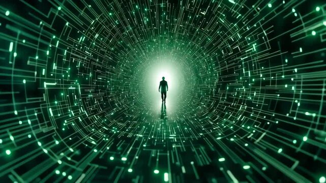 Digital Journey: A solitary figure ventures into a luminous, futuristic tunnel of data streams, symbolizing the exploration of technology and the digital age.