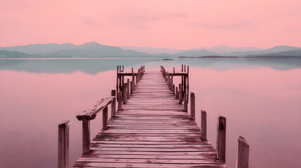 Fototapeta premium Long pier reaching into pink-tinted serene lake