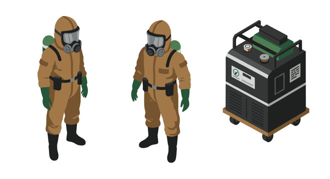 Isometric hazmat suit and decontamination unit illustration