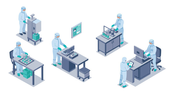 Isometric lab technicians in ppe conducting scientific research in modern laboratory