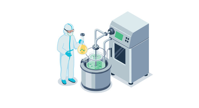Biotech laboratory process with scientist in protective gear performing bioreactor experiment