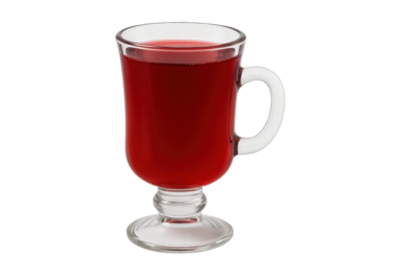 Clear glass mug filled with deep red beverage, pedestal base