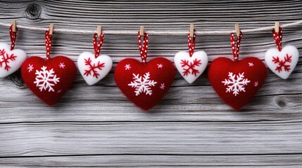 Red felt Christmas decorations in heart and star shapes hang from a clothesline. Featuring snowflake designs, the setting presents a minimalist aesthetic against a white wooden backdrop