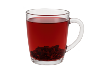Clear glass mug with deep red herbal tea and leaves settled at bottom