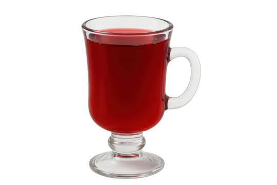 Clear glass mug filled with deep red beverage, pedestal base