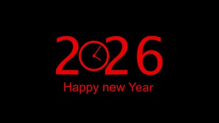 Red 2026 numbers with clock face and happy new year text