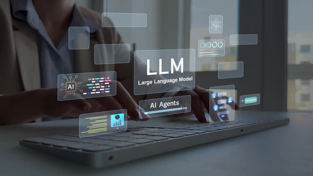 Large language model(LLM) with AI technology.User working on laptop in LLM,Data performrange language tasks,answering questions, summarizing information, translating languages, writing code. 