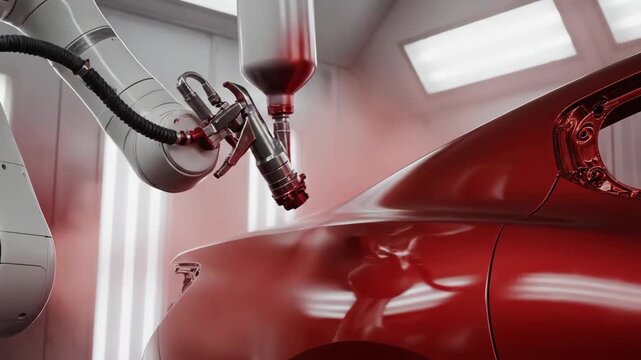Robot Arm Paints a Car Body Red in Automotive Factory