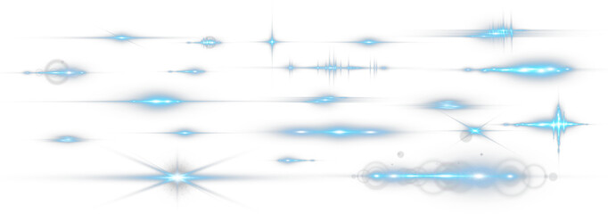 Set of blue horizontal lens flare streaks and starburst light effects on transparent background.