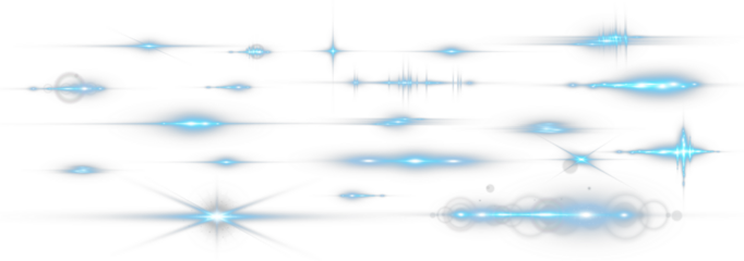 Set of blue horizontal lens flare streaks and starburst light effects on transparent background.