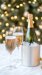 Champagne glasses sit beside a bottle of sparkling wine nestled in an ice bucket, surrounded by golden ribbons and colorful fireworks in the background, perfect for a New Year's Eve celebration