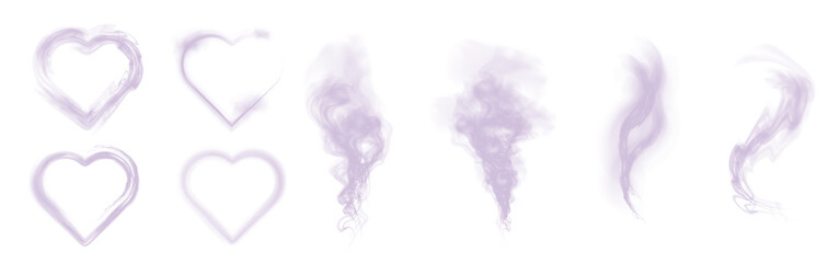 Purple smoky heart shapes and swirling vapor elements set, glowing mist hearts and dynamic smoke trails in PNG format on transparent background.