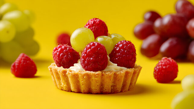 Mini fruit tart topped with raspberries and grapes on bright yellow background - Powered by Adobe
