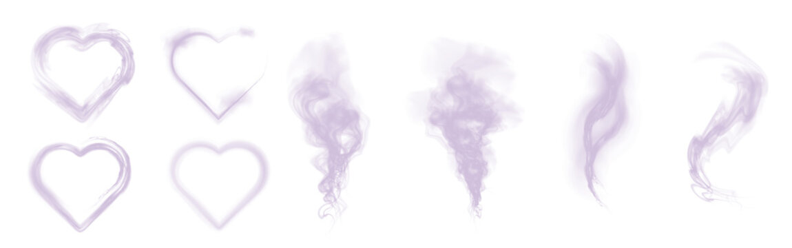 Purple smoky heart shapes and swirling vapor elements set, glowing mist hearts and dynamic smoke trails in PNG format on transparent background.