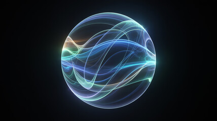 Abstract glowing sphere with colorful light trails on a dark background