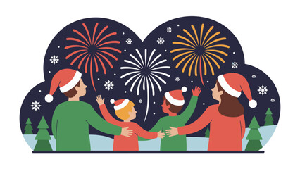 Joyful Christmas Family with Fireworks: A heartwarming Christmas scene shows a family of four, adorned in festive hats and attire.