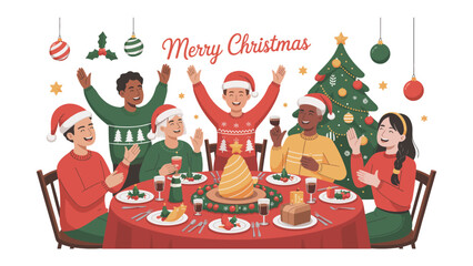 Festive Feast: Illustration of a joyous Christmas celebration with friends and family gathered around a table laden with holiday treats, capturing the warmth and spirit of the season.