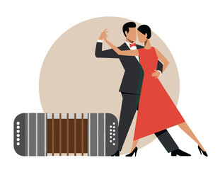 Illustration of couple dancing tango with bandoneon on white background — ideal for tango, Argentinian music and cultural content.