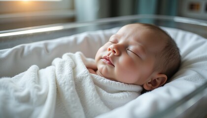 A newborn baby sleeps peacefully in a crib with soft lighting at the clinic.
