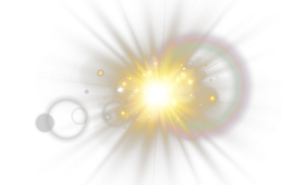 Bright golden starburst with glowing light rays, sparkling particles and soft bokeh highlights on a transparent PNG background.
