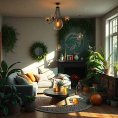 A corner of a modern home built with natural materials, with green plants and other sustainable decorations