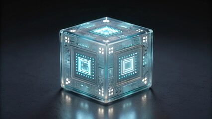 A transparent cube with internal circuits glowing captured in a macro close up