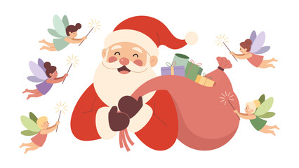 Magical Holiday Scene: Santa Claus and his pixie companions spread cheer, offering gifts, capturing the enchanting spirit of Christmas.