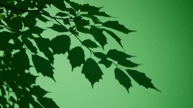 Silhouettes of dark green leaves cast shadows on a vibrant, serene green background.