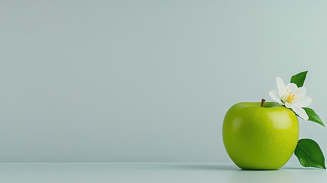 A vibrant green apple rests on a spotless white surface, adorned with soft white flowers and lush green leaves. The setup emphasizes the apple's crisp texture and freshness - Powered by Adobe