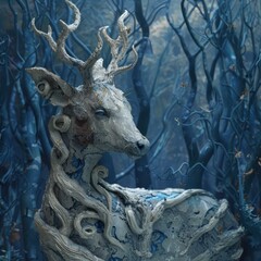 Mystical Deer Statue in Blue Forest