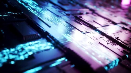 Closeup of a futuristic circuit board with glowing blue and purple lights representing advanced technology data transfer and artificial intelligence in a digital world. - Powered by Adobe