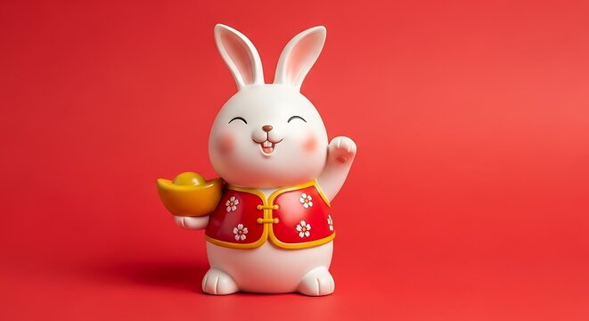 Lucky rabbit figurine holding gold ingot, chinese new year zodiac