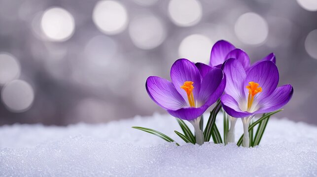 Purple crocuses bloom resiliently through a layer of snow, embodying the transition from winter to spring. The background features a softly blurred, light-filled ambiance for added depth