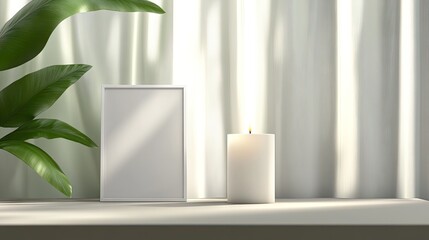 Sunlight filters through sheer curtains, casting soft shadows on a white photo frame and a candle on a window sill. This tranquil spring setting invites creativity and inspiration